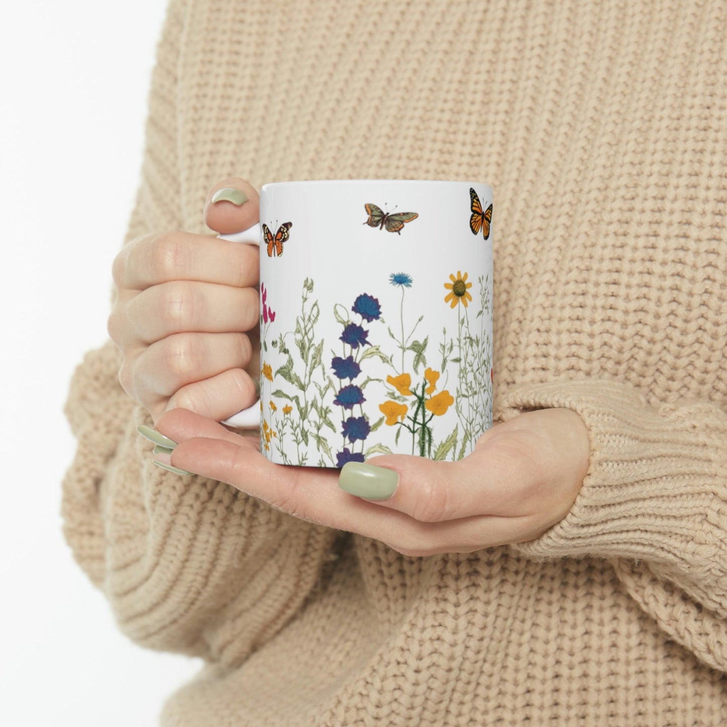 Hand Drawn Pressed Flowers Ceramic Coffee Mug