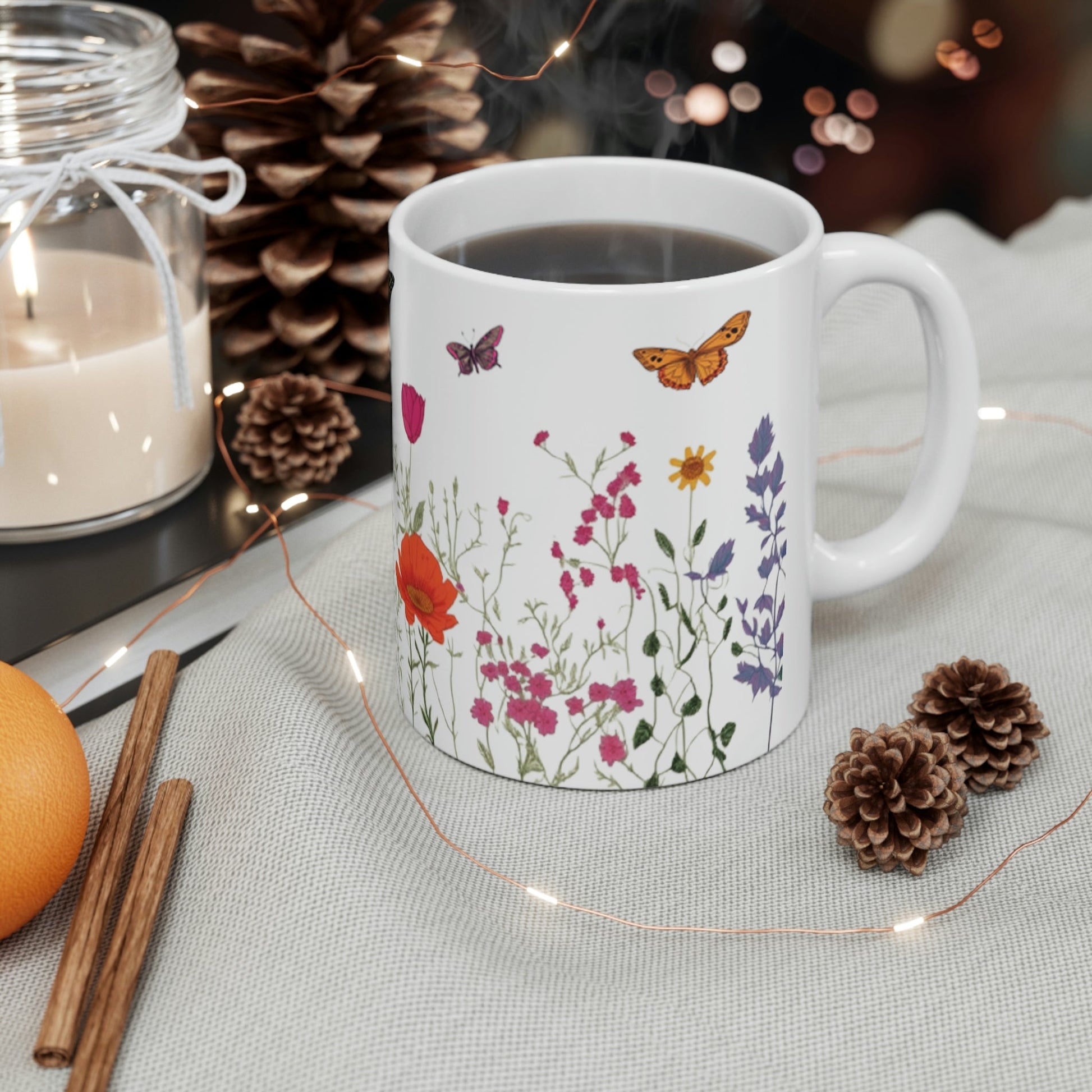 Hand Drawn Pressed Flowers Ceramic Coffee Mug