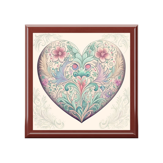 Hidden Dragon Pastel Heart Wood Keepsake Jewelry Box with Ceramic Tile Cover