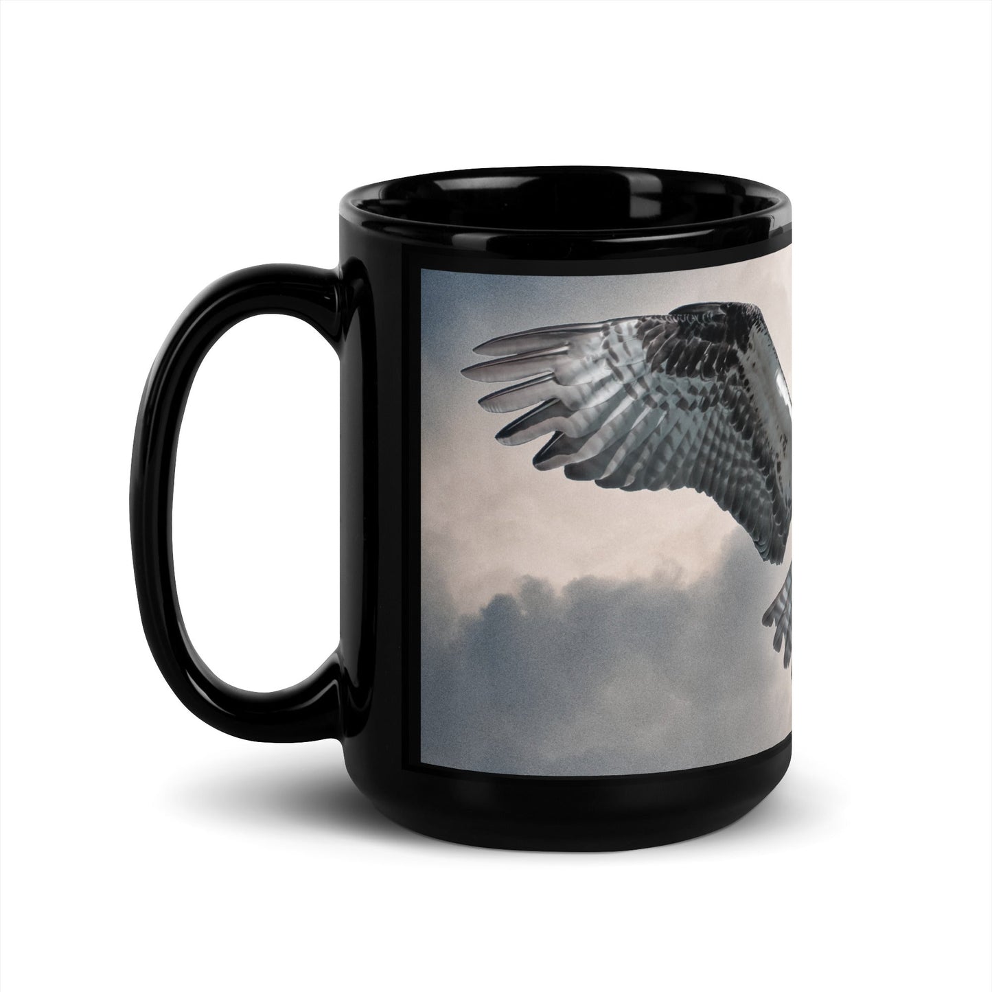Hovering Osprey Black Glossy Mug