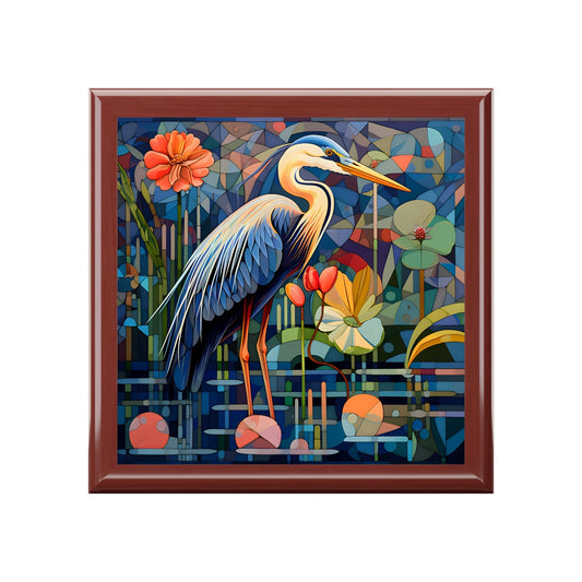 Impressionist Art of a Great Blue Heron Jewelry Keepsake Trinkets Box