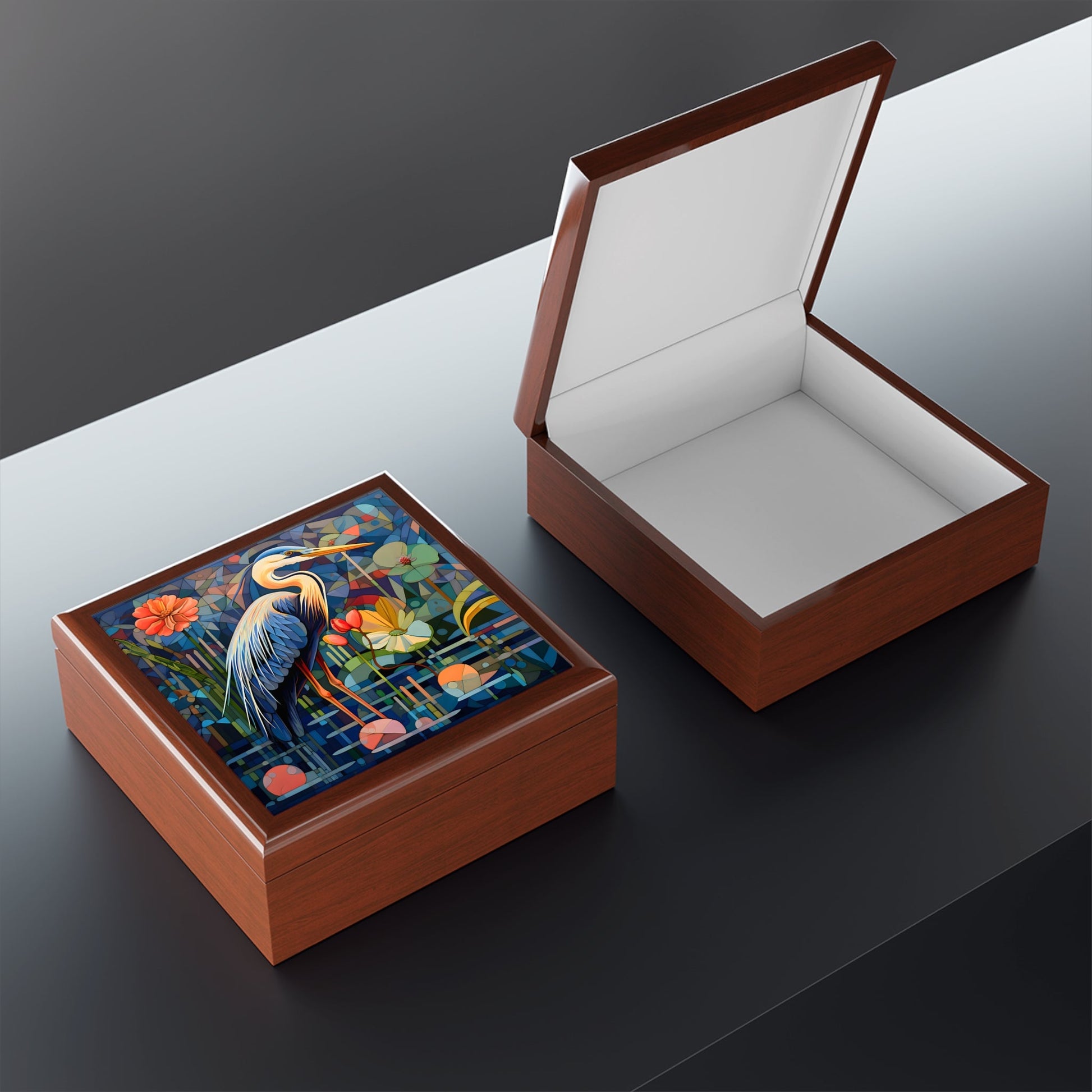 Impressionist Art of a Great Blue Heron Jewelry Keepsake Trinkets Box