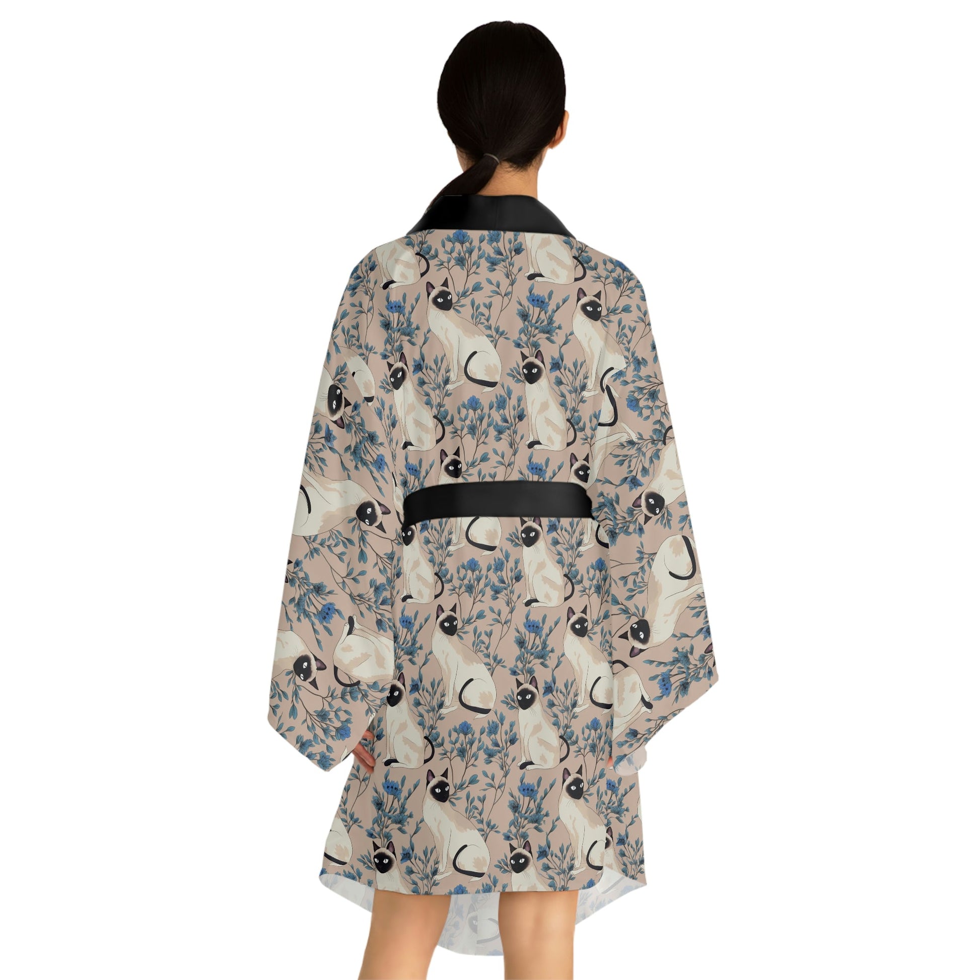 Japandi Siamese Cat Pattern Long Sleeve Kimono Robe