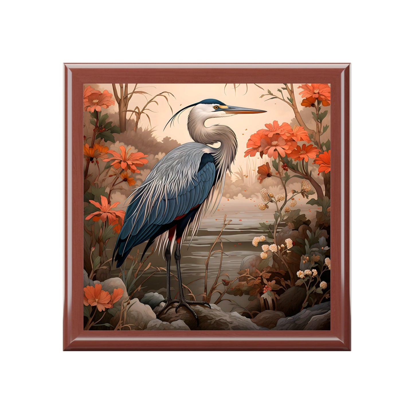 Japandi Style Great Blue Heron Artwork Gift and Jewelry Box