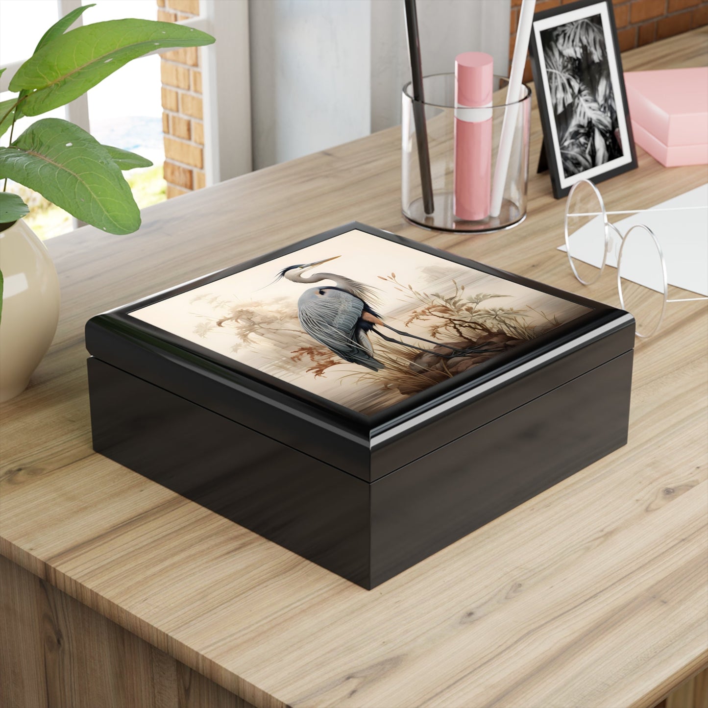 Japandi Style Great Blue Heron Misty Morning Artwork Gift and Jewelry Box