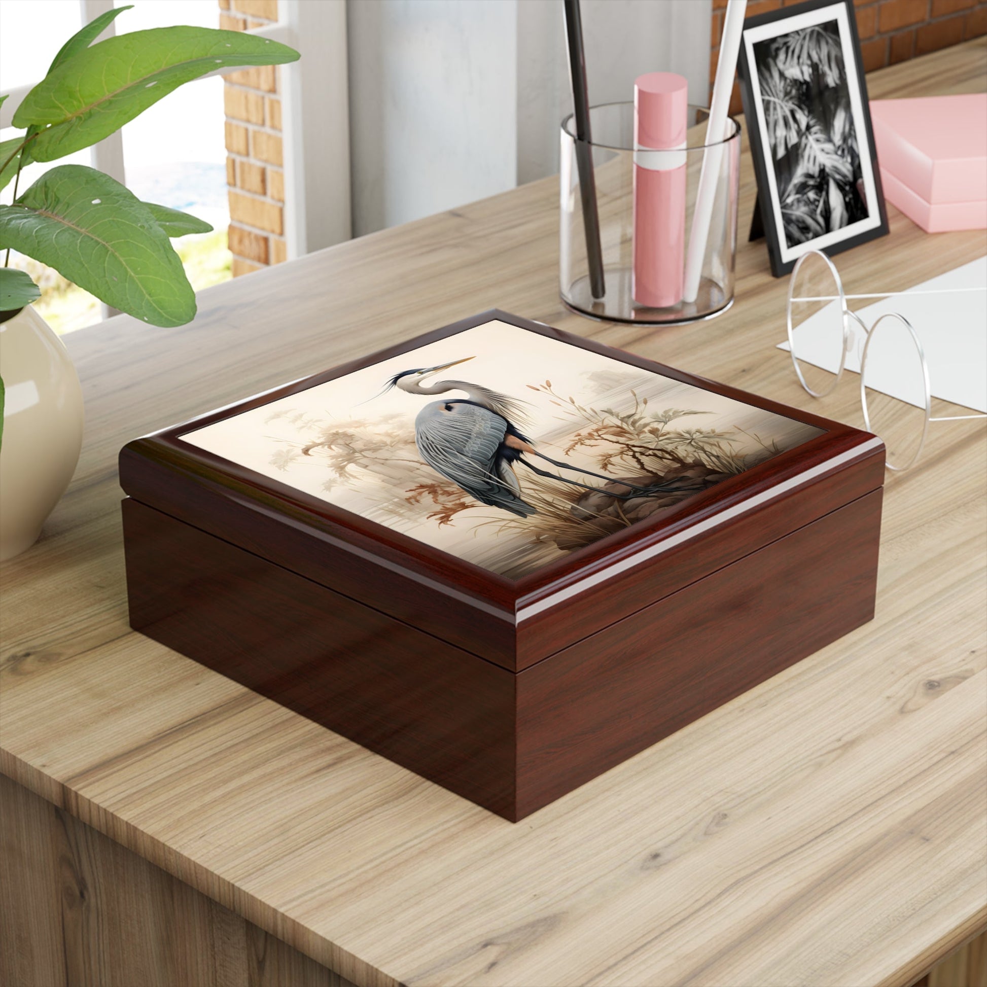 Japandi Style Great Blue Heron Misty Morning Artwork Gift and Jewelry Box
