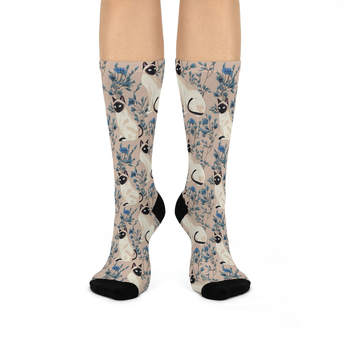 Japandi Style Siamese Cat Design Cushioned Crew Socks