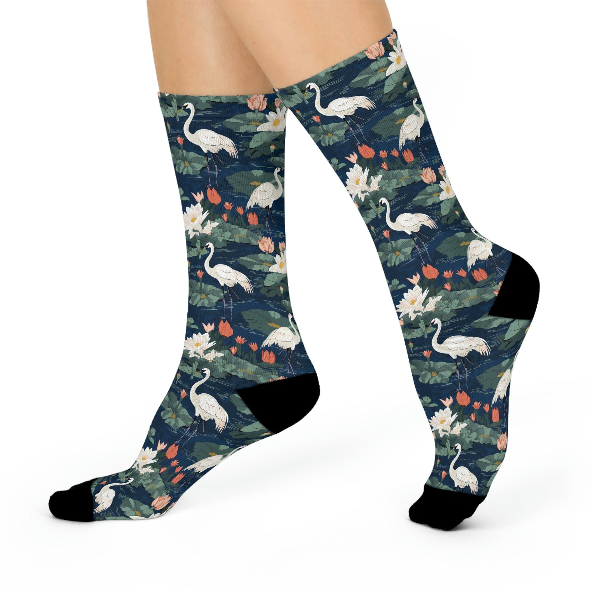Japandi Style Whooping Cranes with Lotus Flowers Design Cushioned Crew Socks