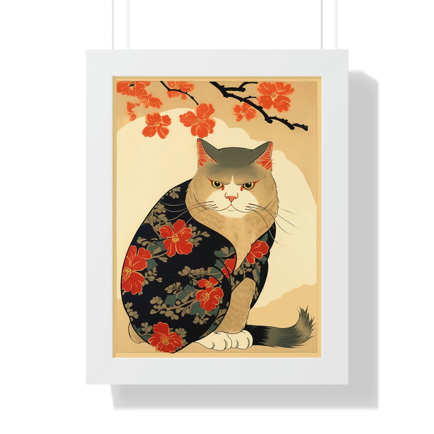 Japandi Ukiyo-e Style Cat | Framed Vertical Poster