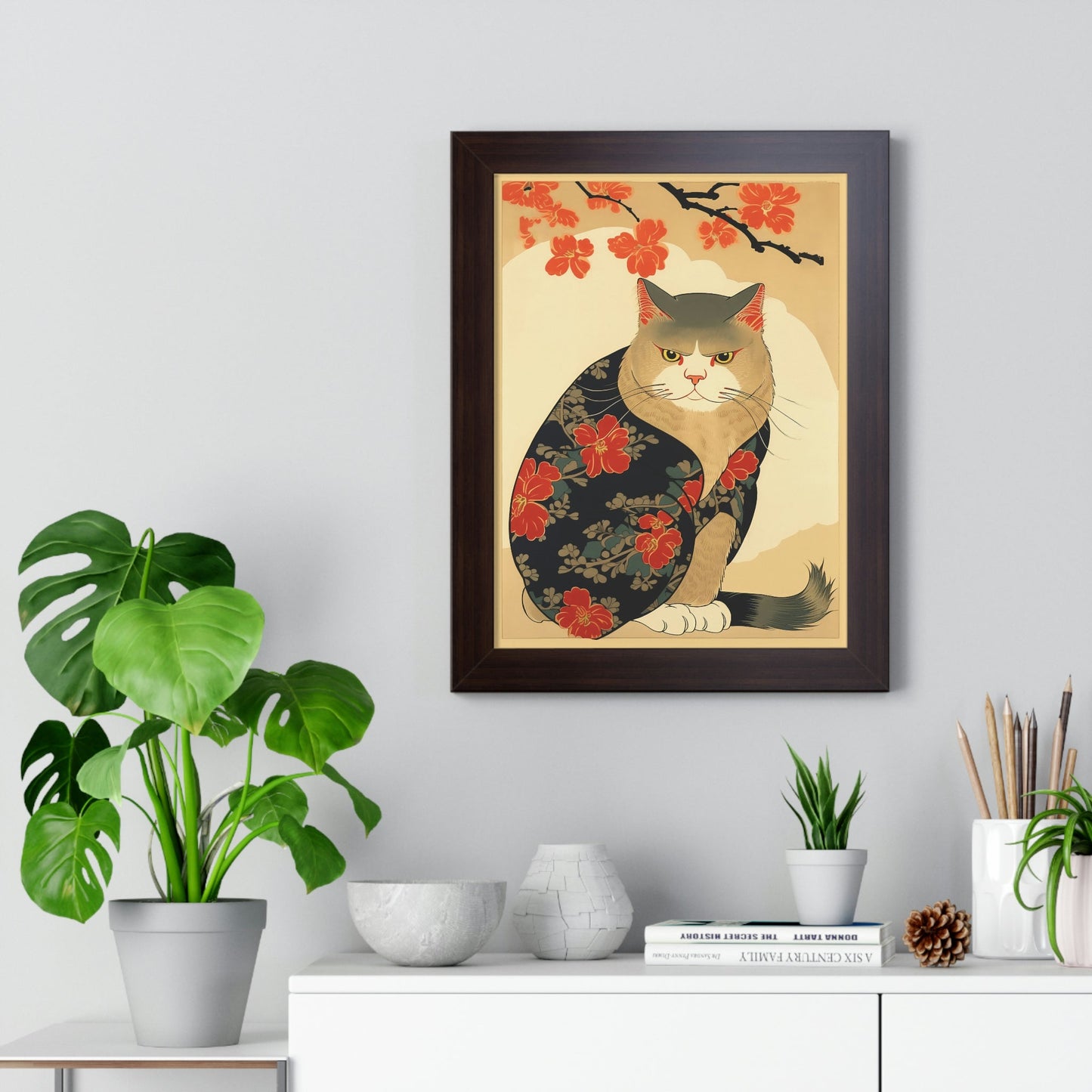 Japandi Ukiyo-e Style Cat | Framed Vertical Poster