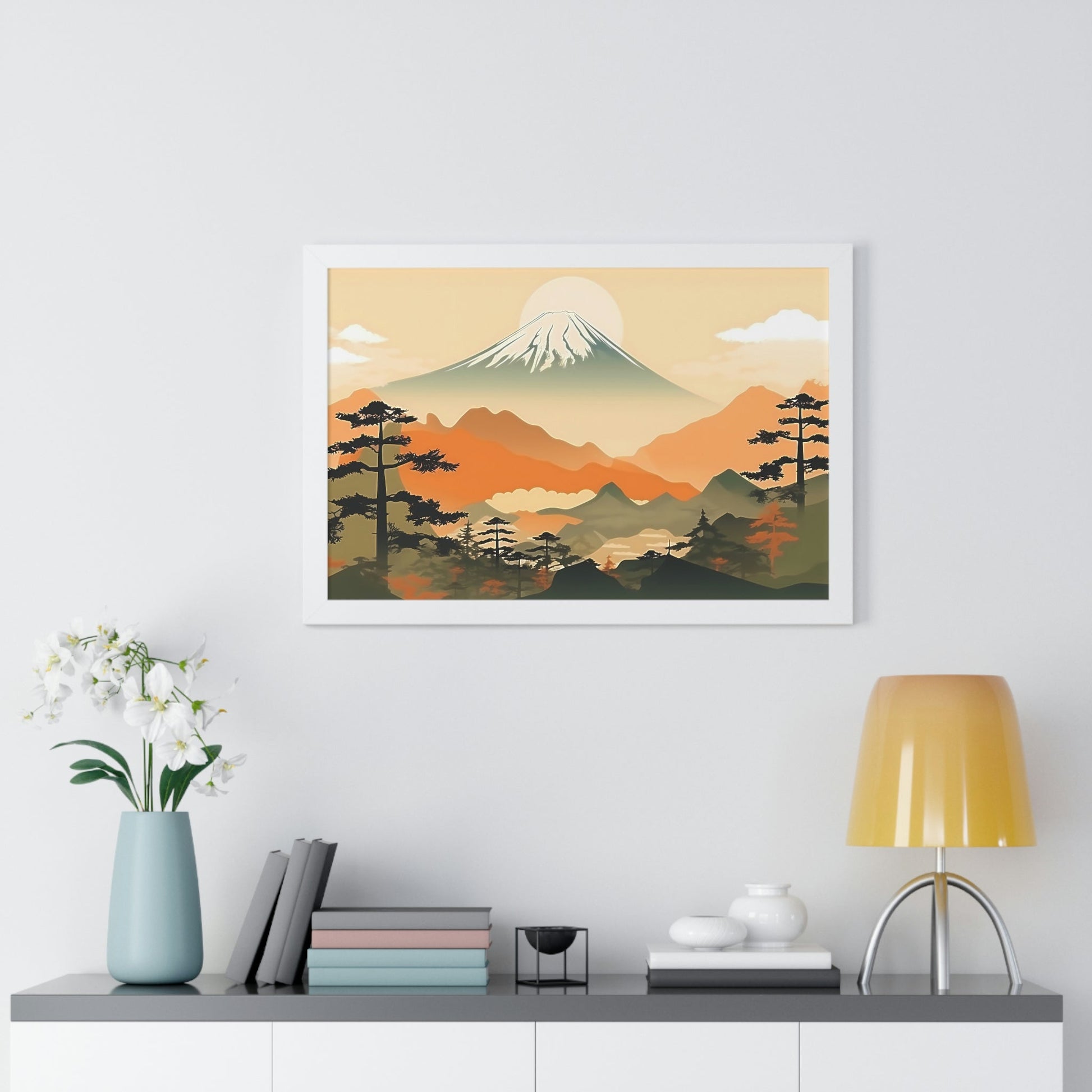 Japandi Ukiyo-e syle Mountain Scene | Framed Horizontal Poster