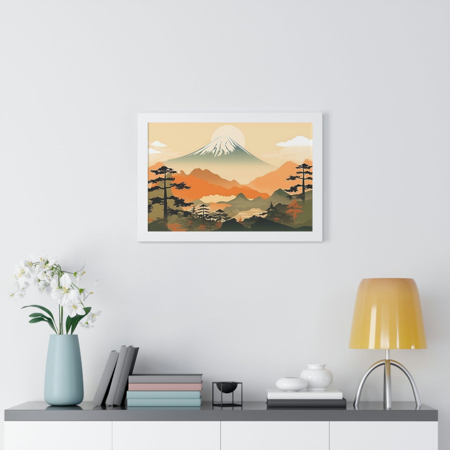 Japandi Ukiyo-e syle Mountain Scene | Framed Horizontal Poster