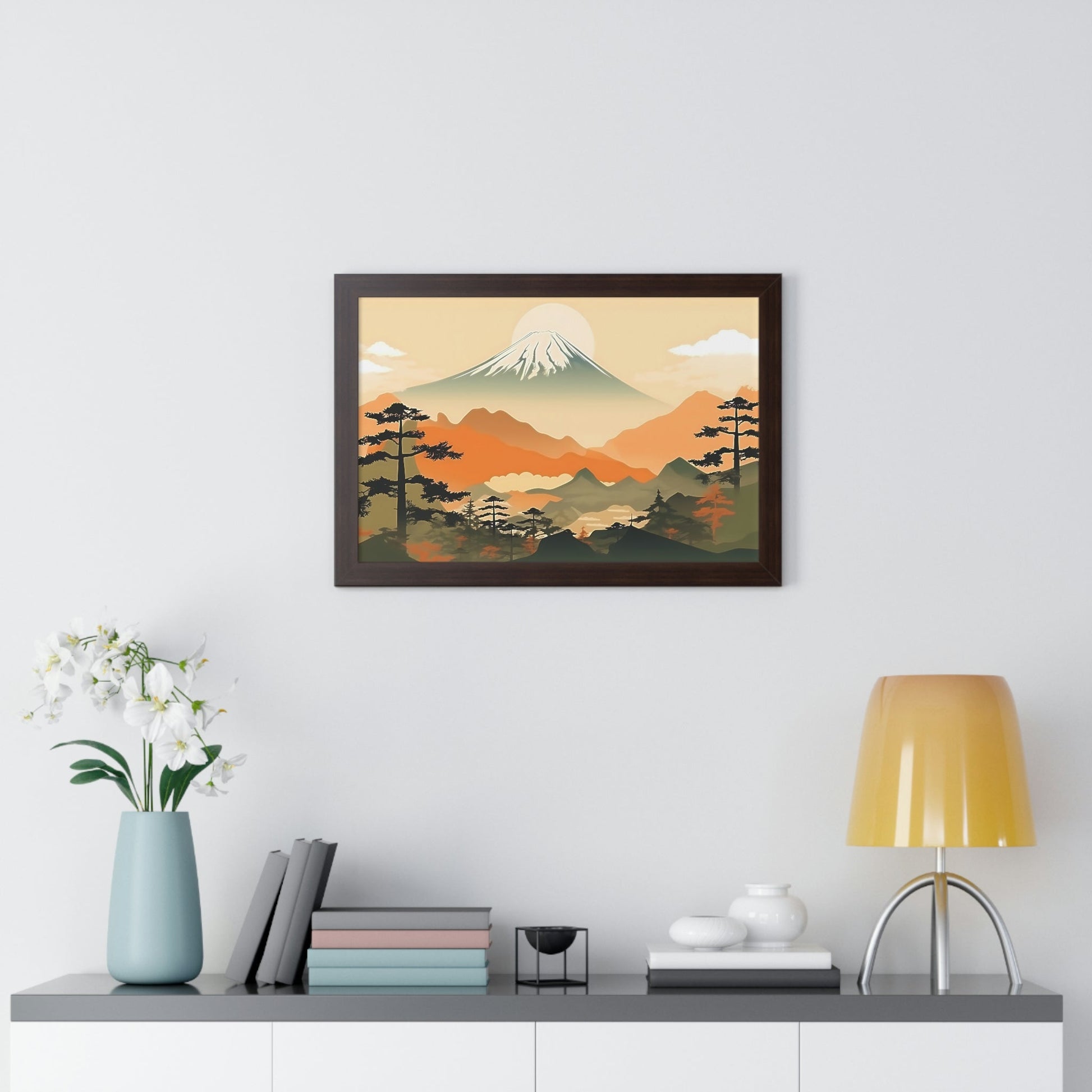 Japandi Ukiyo-e syle Mountain Scene | Framed Horizontal Poster