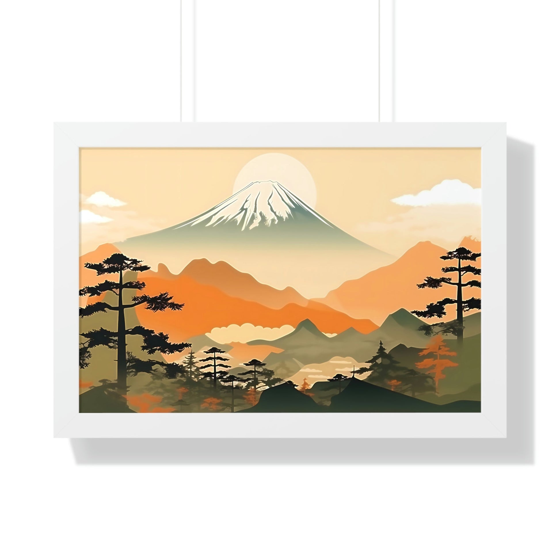 Japandi Ukiyo-e syle Mountain Scene | Framed Horizontal Poster