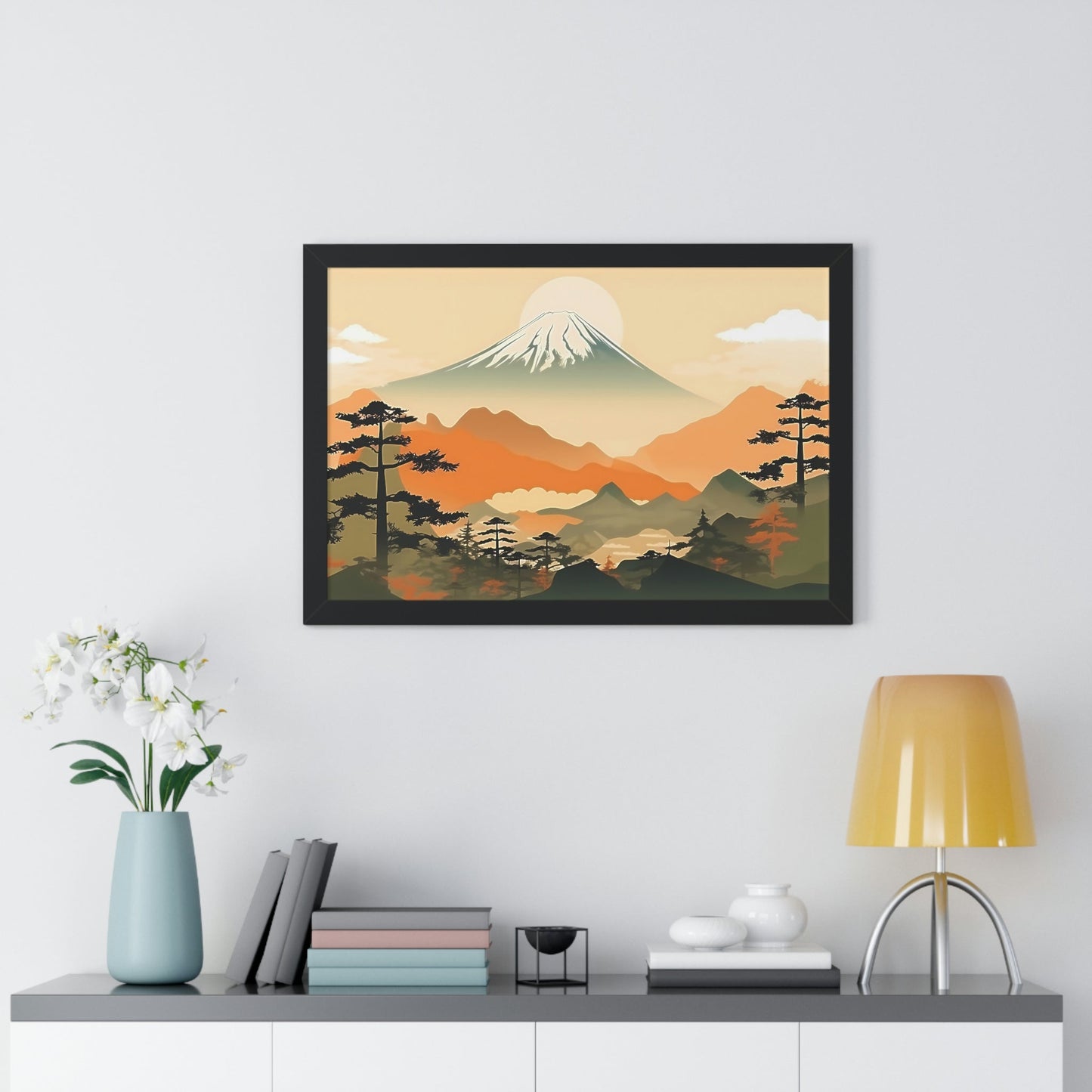 Japandi Ukiyo-e syle Mountain Scene | Framed Horizontal Poster