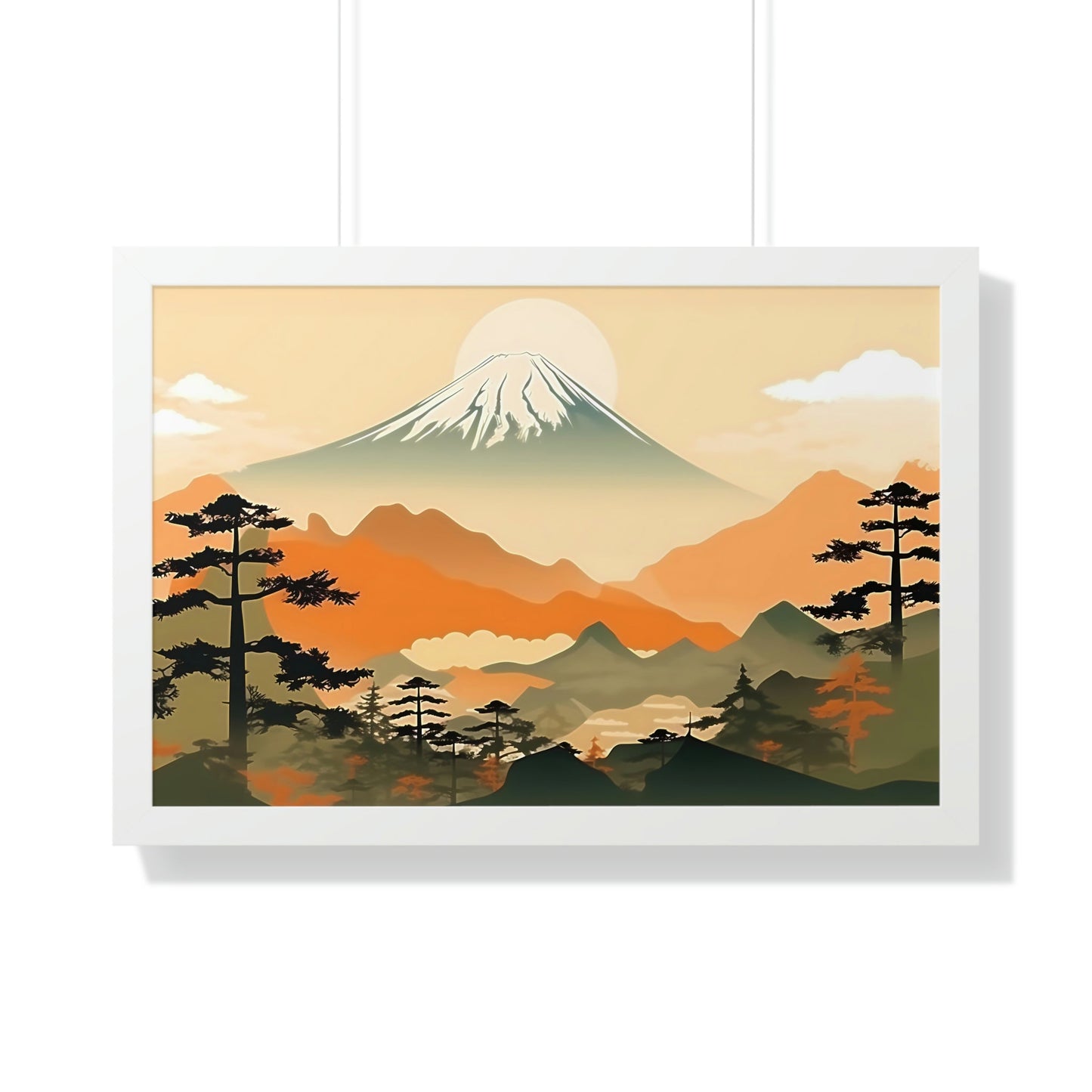 Japandi Ukiyo-e syle Mountain Scene | Framed Horizontal Poster