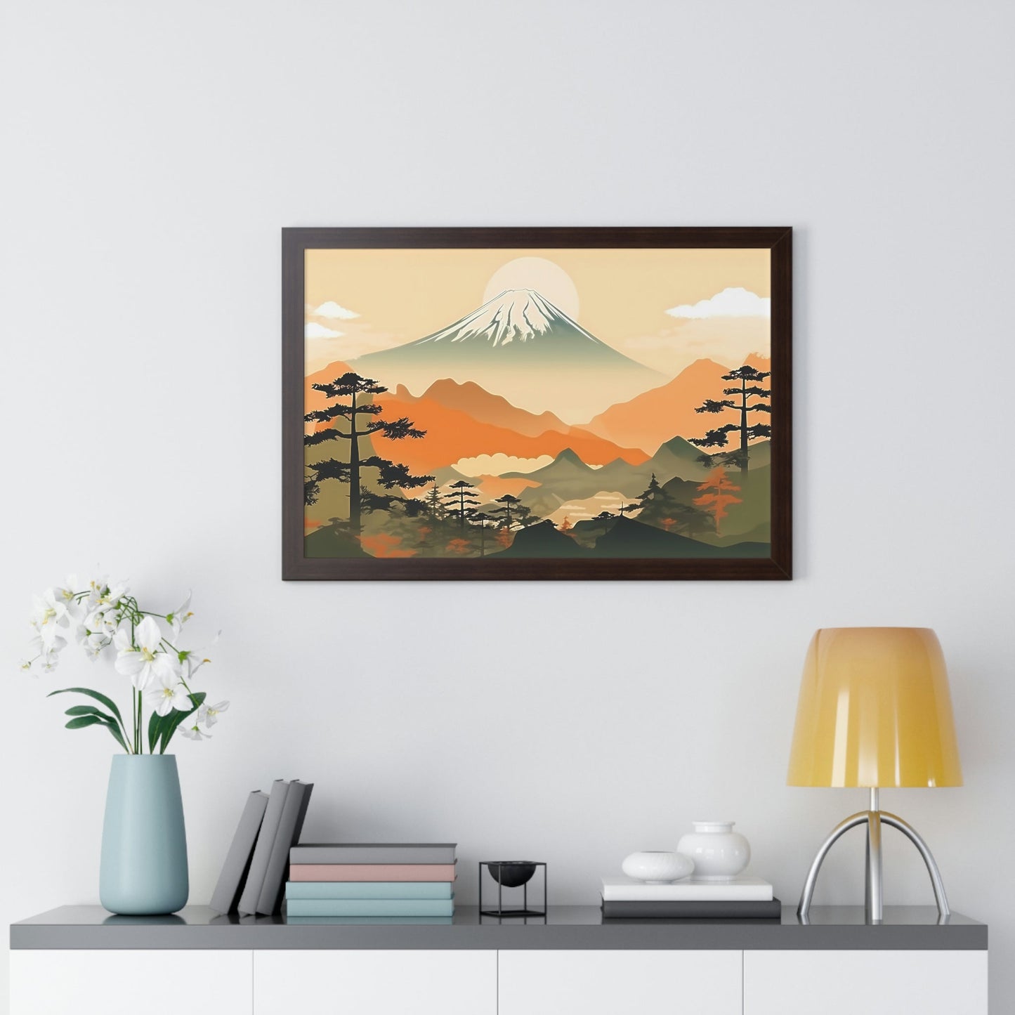 Japandi Ukiyo-e syle Mountain Scene | Framed Horizontal Poster