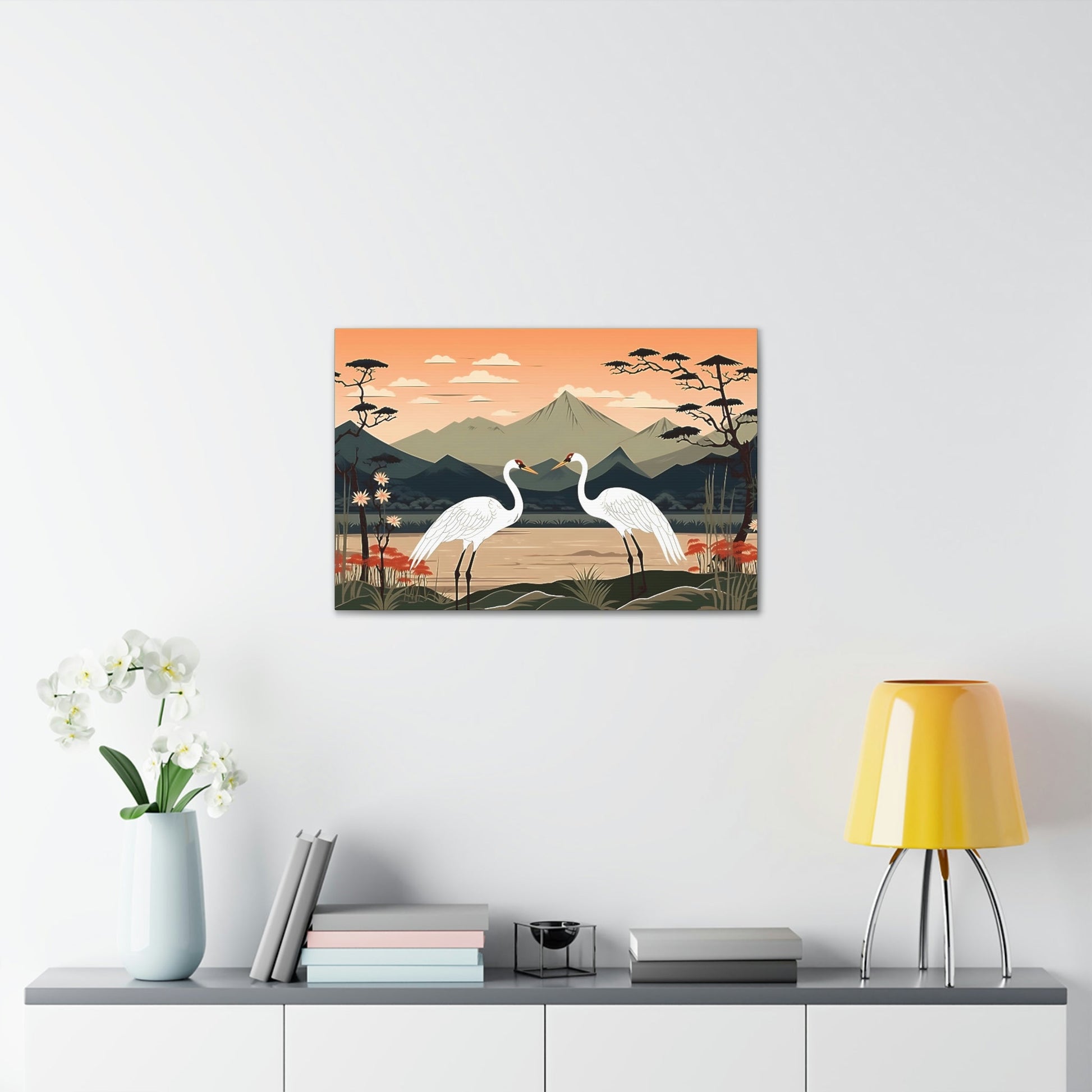 Japandi Ukiyo-e syle Whooping Cranes | Canvas Gallery Wraps