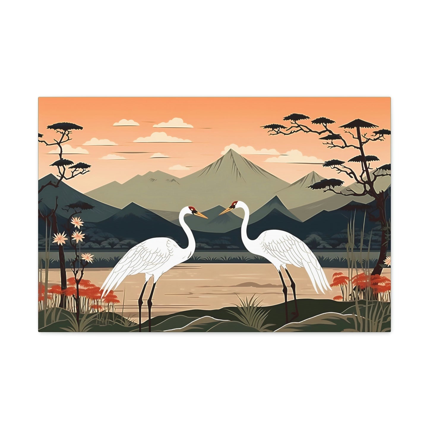 Japandi Ukiyo-e syle Whooping Cranes | Canvas Gallery Wraps