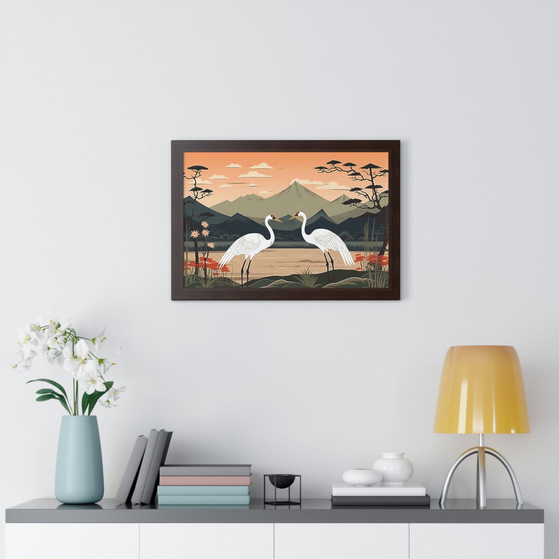 Japandi Ukiyo-e syle Whooping Cranes | Framed Horizontal Poster