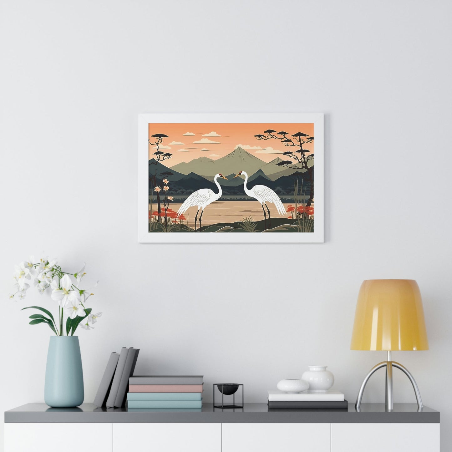 Japandi Ukiyo-e syle Whooping Cranes | Framed Horizontal Poster