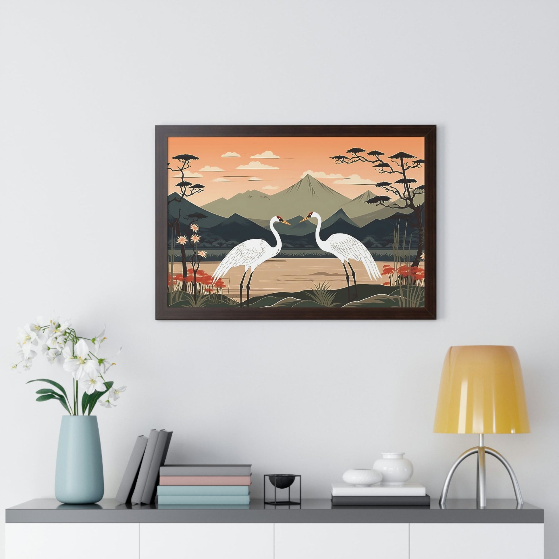 Japandi Ukiyo-e syle Whooping Cranes | Framed Horizontal Poster