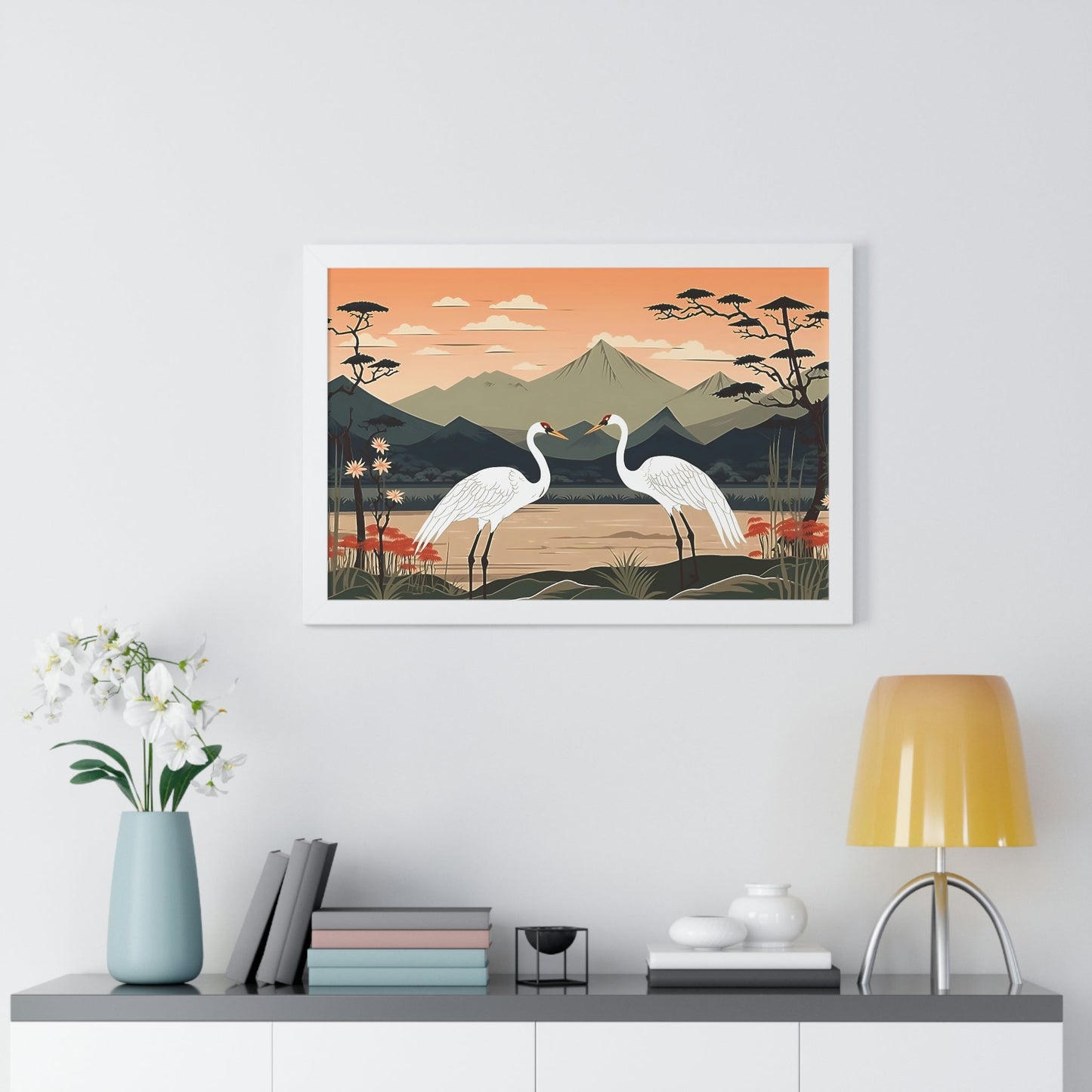 Japandi Ukiyo-e syle Whooping Cranes | Framed Horizontal Poster