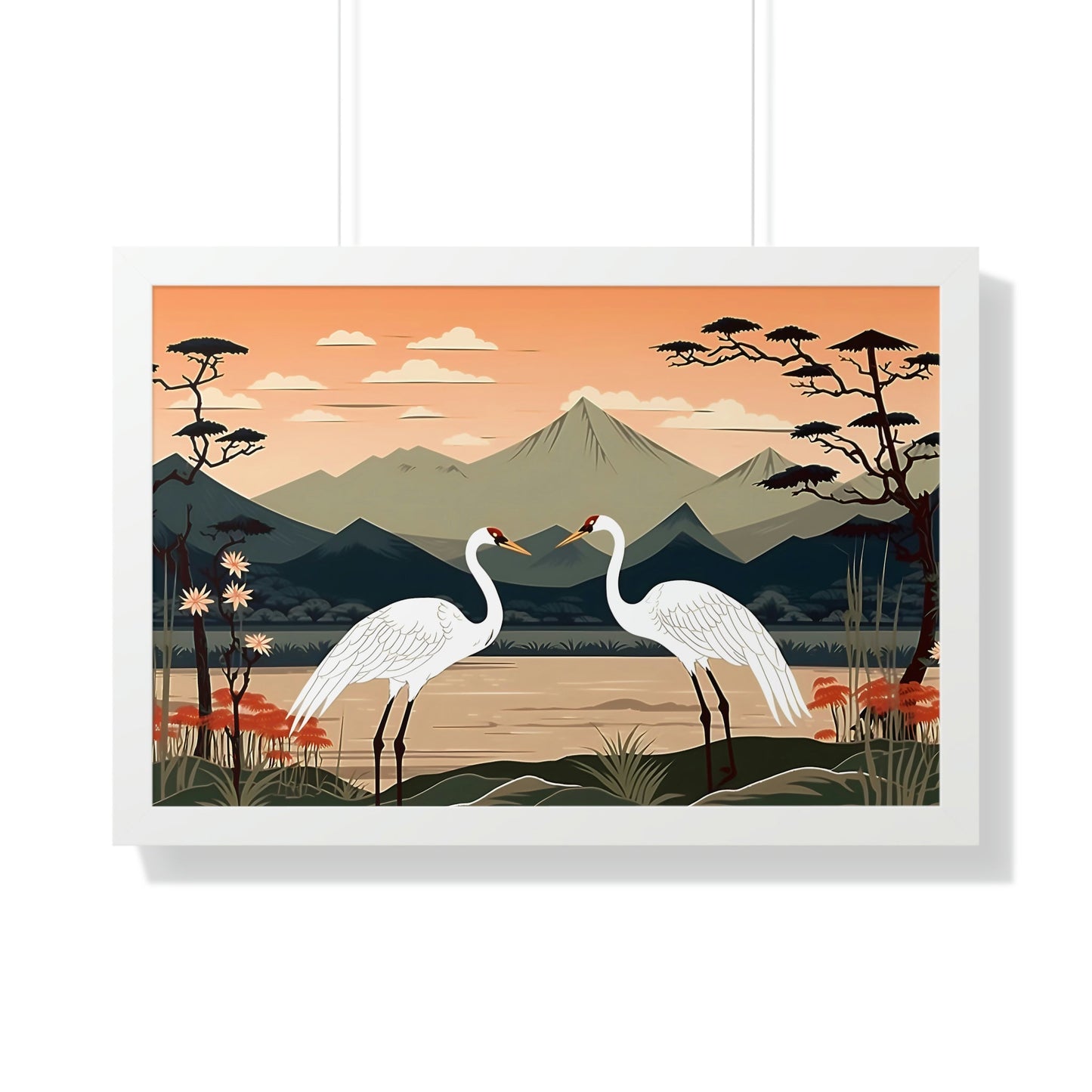 Japandi Ukiyo-e syle Whooping Cranes | Framed Horizontal Poster