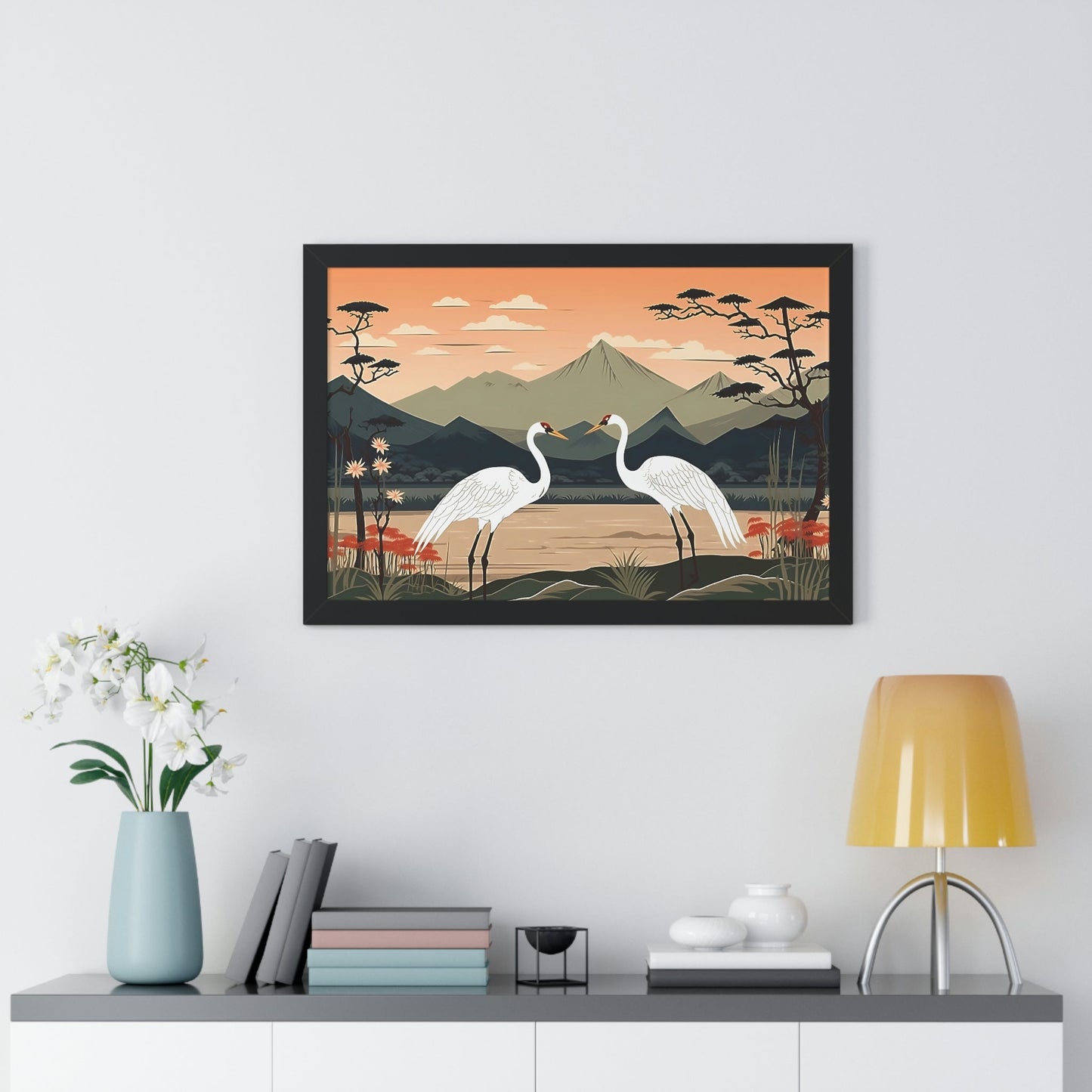 Japandi Ukiyo-e syle Whooping Cranes | Framed Horizontal Poster