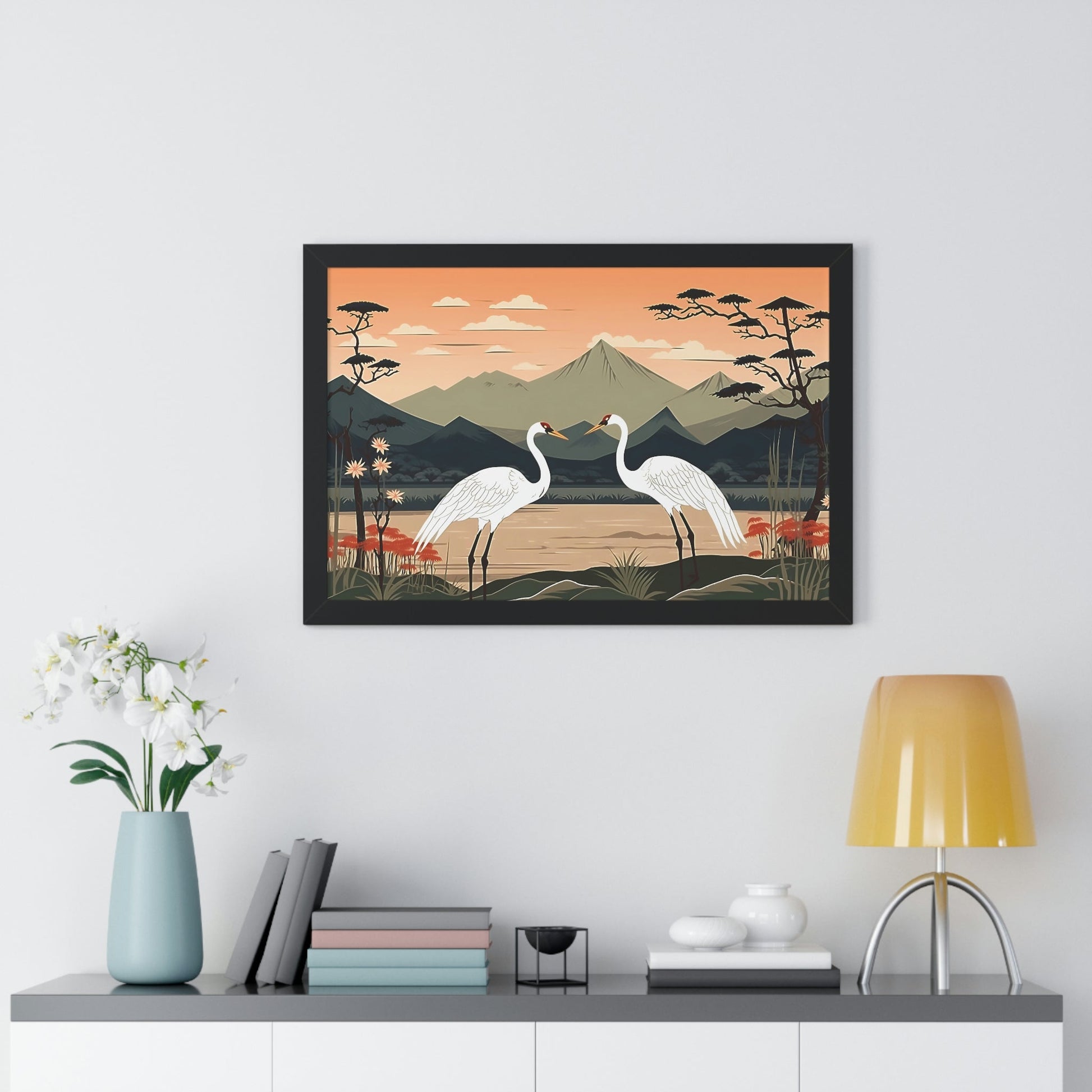 Japandi Ukiyo-e syle Whooping Cranes | Framed Horizontal Poster