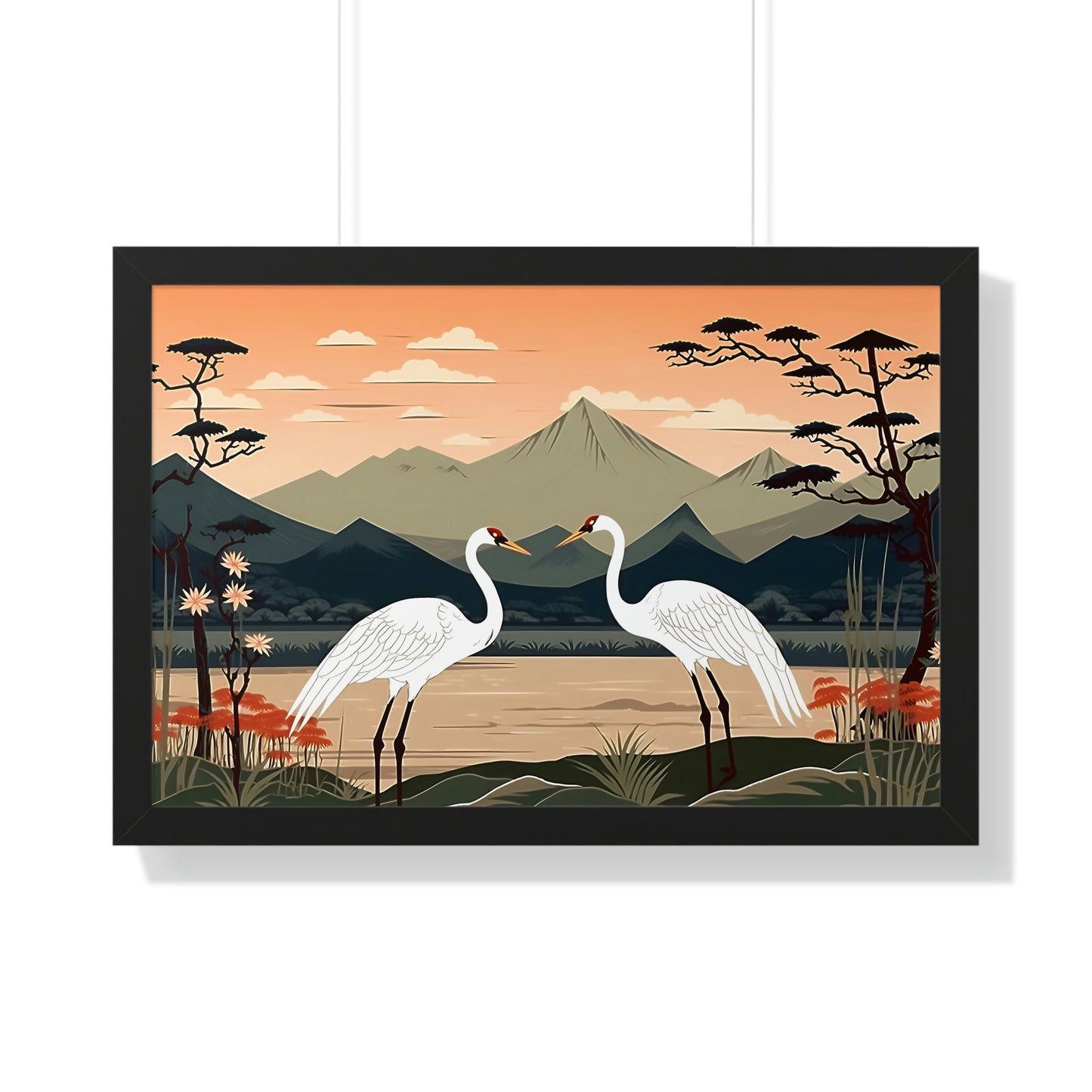 Japandi Ukiyo-e syle Whooping Cranes | Framed Horizontal Poster