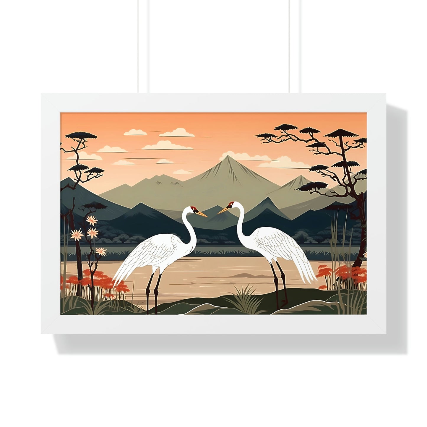 Japandi Ukiyo-e syle Whooping Cranes | Framed Horizontal Poster