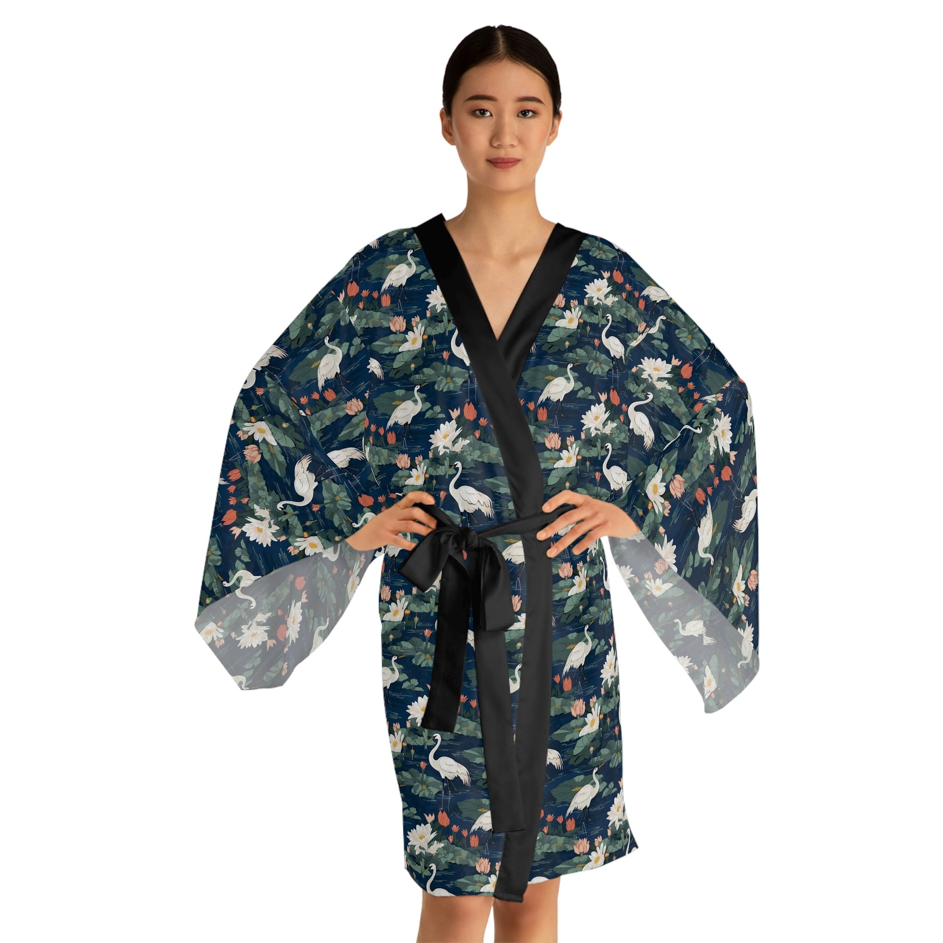 Japandi Whooping Crane Pattern Long Sleeve Kimono Robe