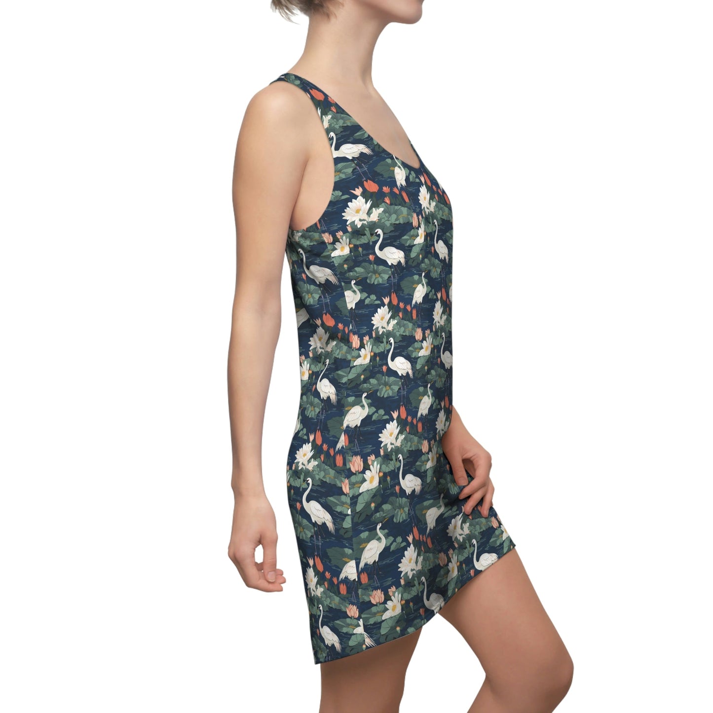 Japandi Whooping Cranes Pattern Floral Women's Racerback Dress