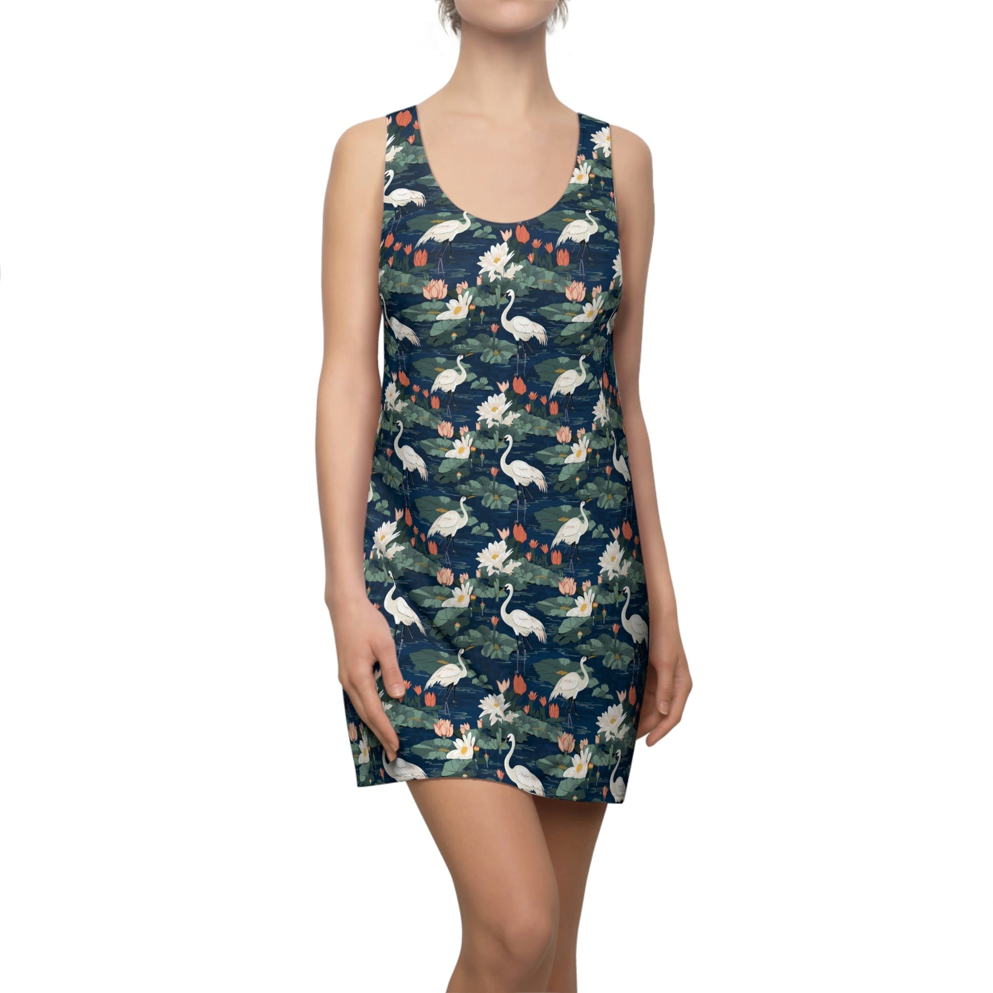 Japandi Whooping Cranes Pattern Floral Women's Racerback Dress