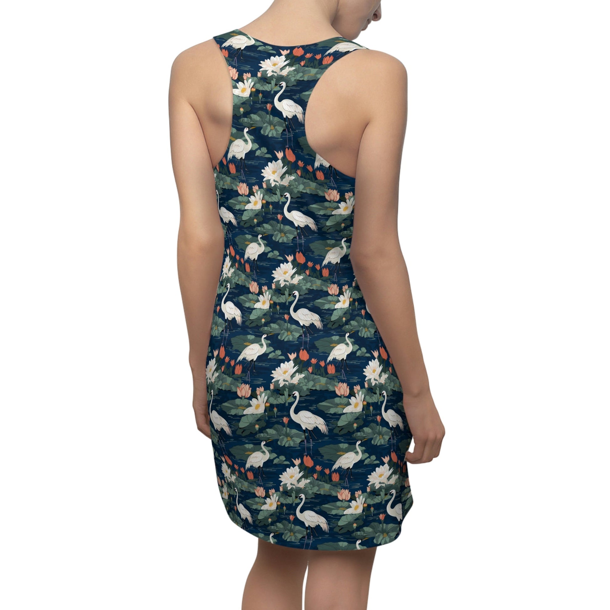 Japandi Whooping Cranes Pattern Floral Women's Racerback Dress