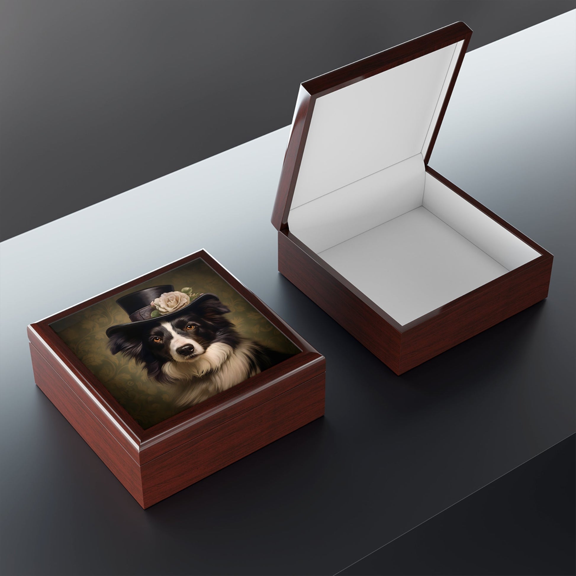 Lady Border Collie in New Hat Art Print Gift and Jewelry Box