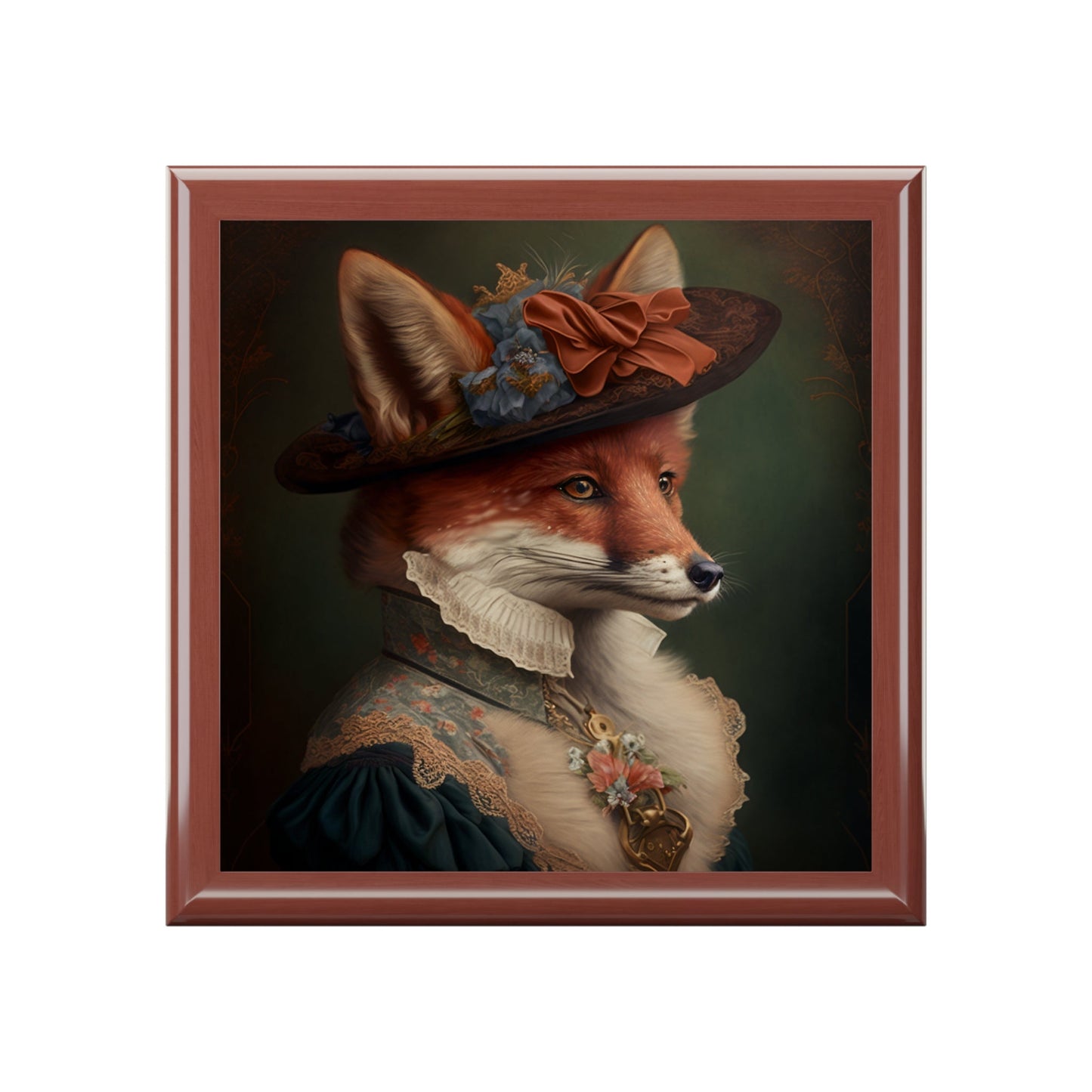 Lady Fox Wood Keepsake Jewelry Box with Ceramic Tile Cover