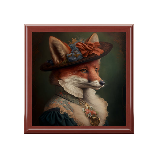 Lady Fox Wood Keepsake Jewelry Box with Ceramic Tile Cover