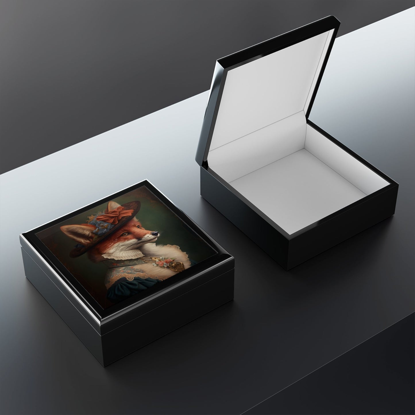 Lady Fox Wood Keepsake Jewelry Box with Ceramic Tile Cover