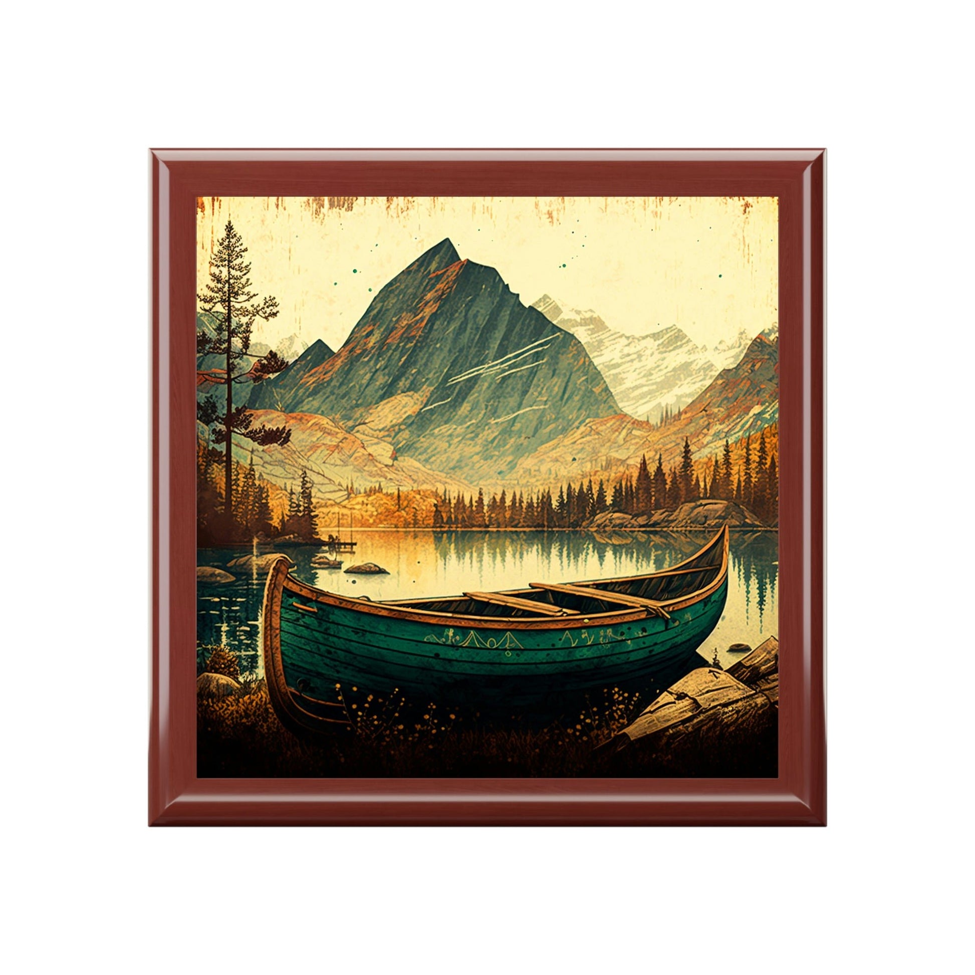 Lakeside Canoe Wood Keepsake Jewelry Box with Ceramic Tile Cover