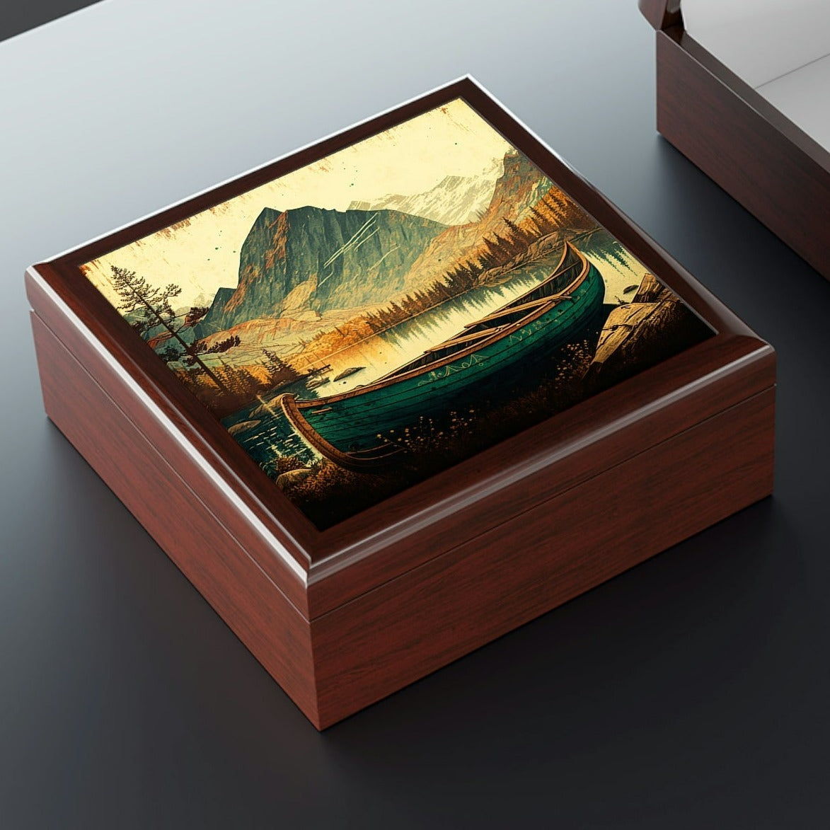 Lakeside Canoe Wood Keepsake Jewelry Box with Ceramic Tile Cover