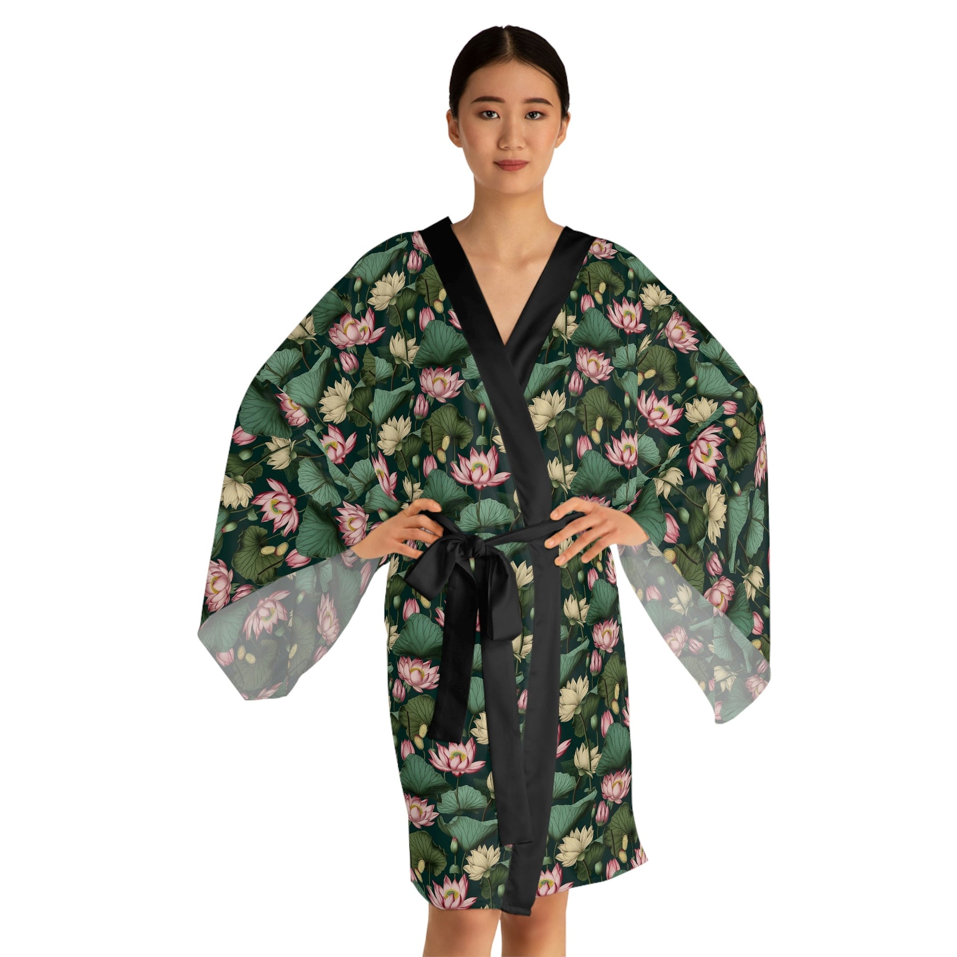 Lotus Flowers Long Sleeve Kimono Robe