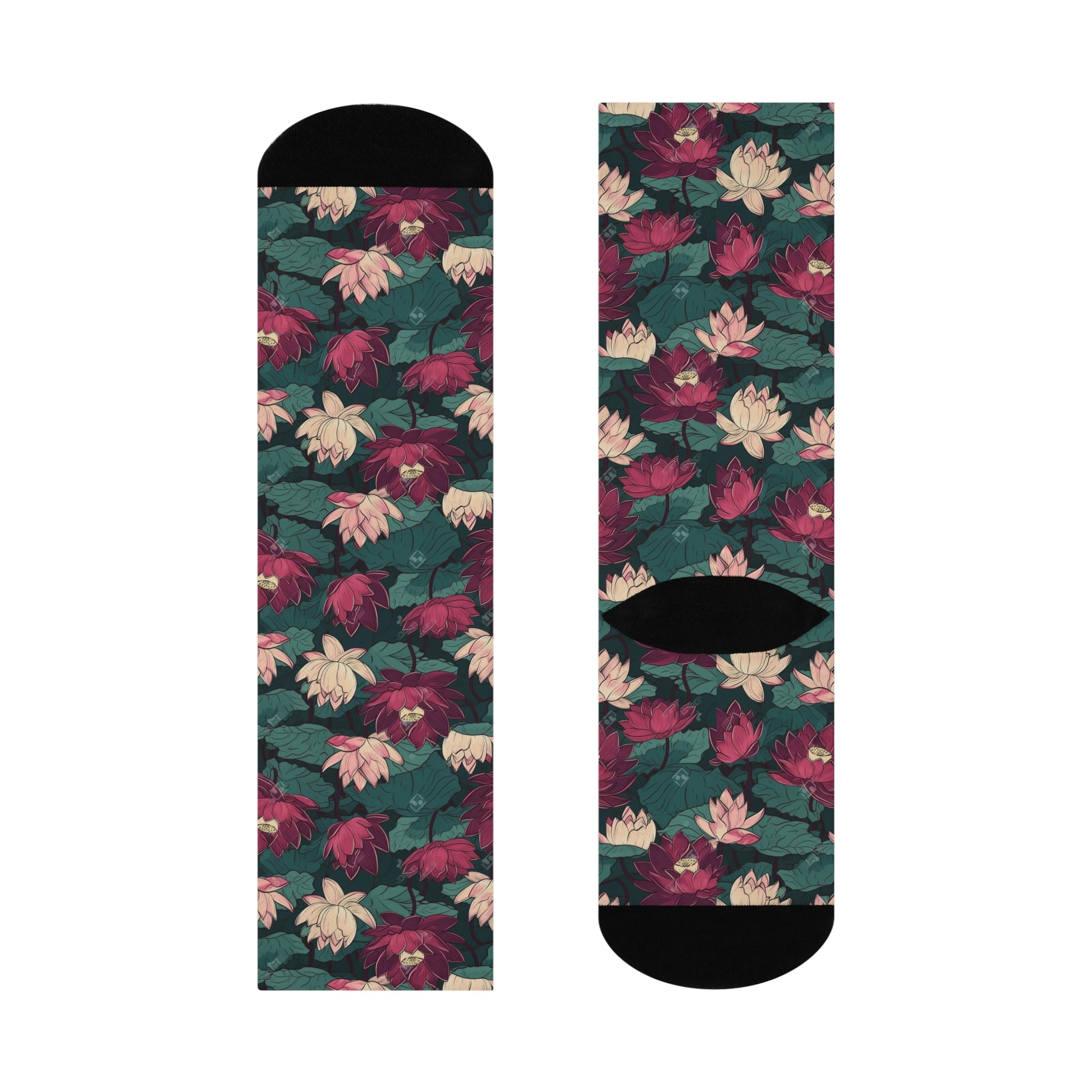 Lotus Flowers with Lily Pads Design Cushioned Crew Socks