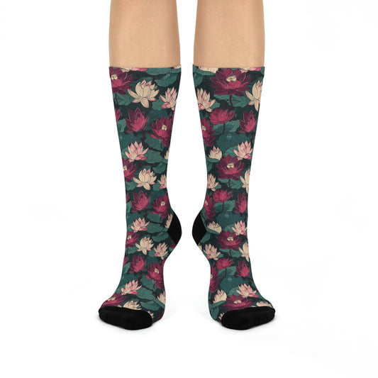 Lotus Flowers with Lily Pads Design Cushioned Crew Socks