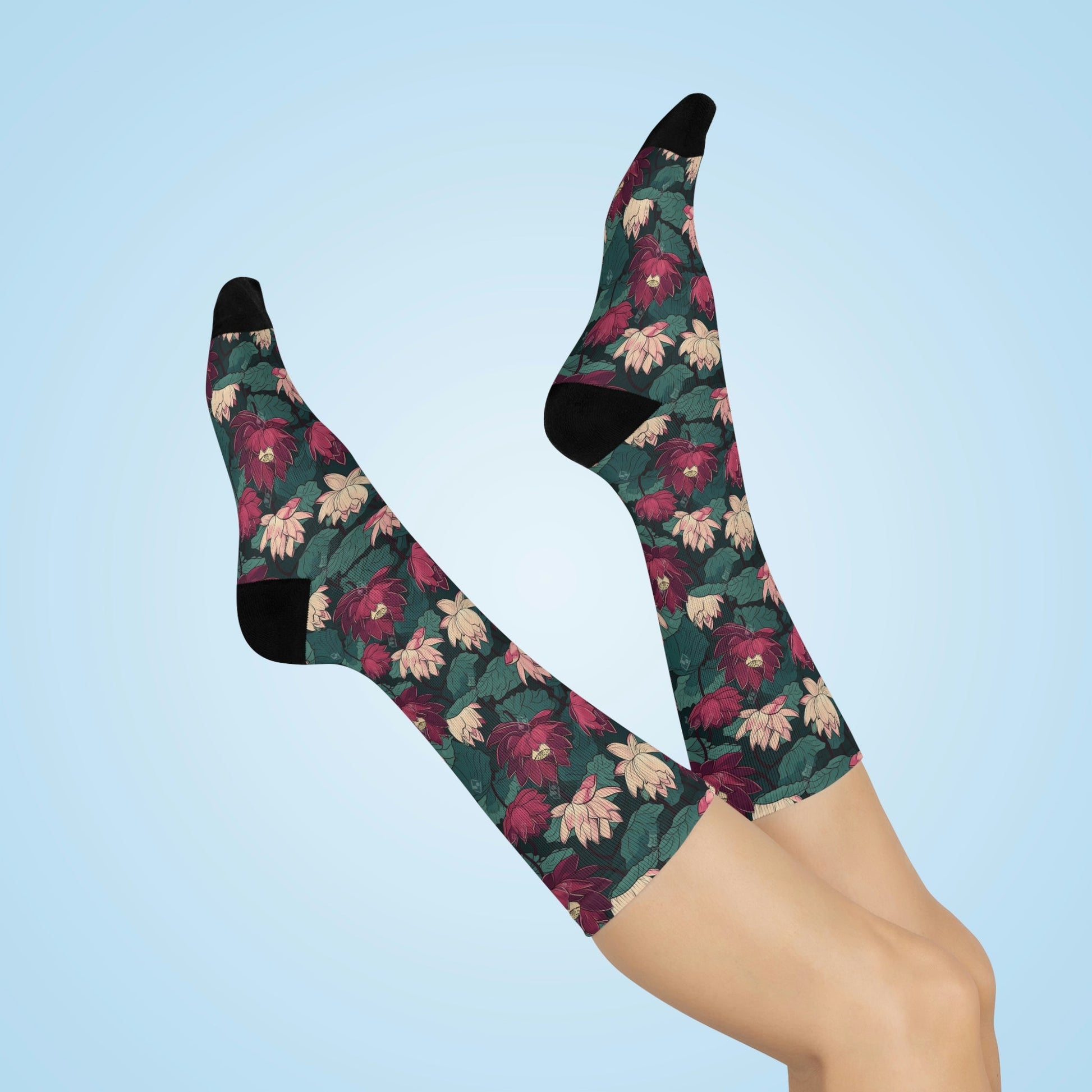 Lotus Flowers with Lily Pads Design Cushioned Crew Socks