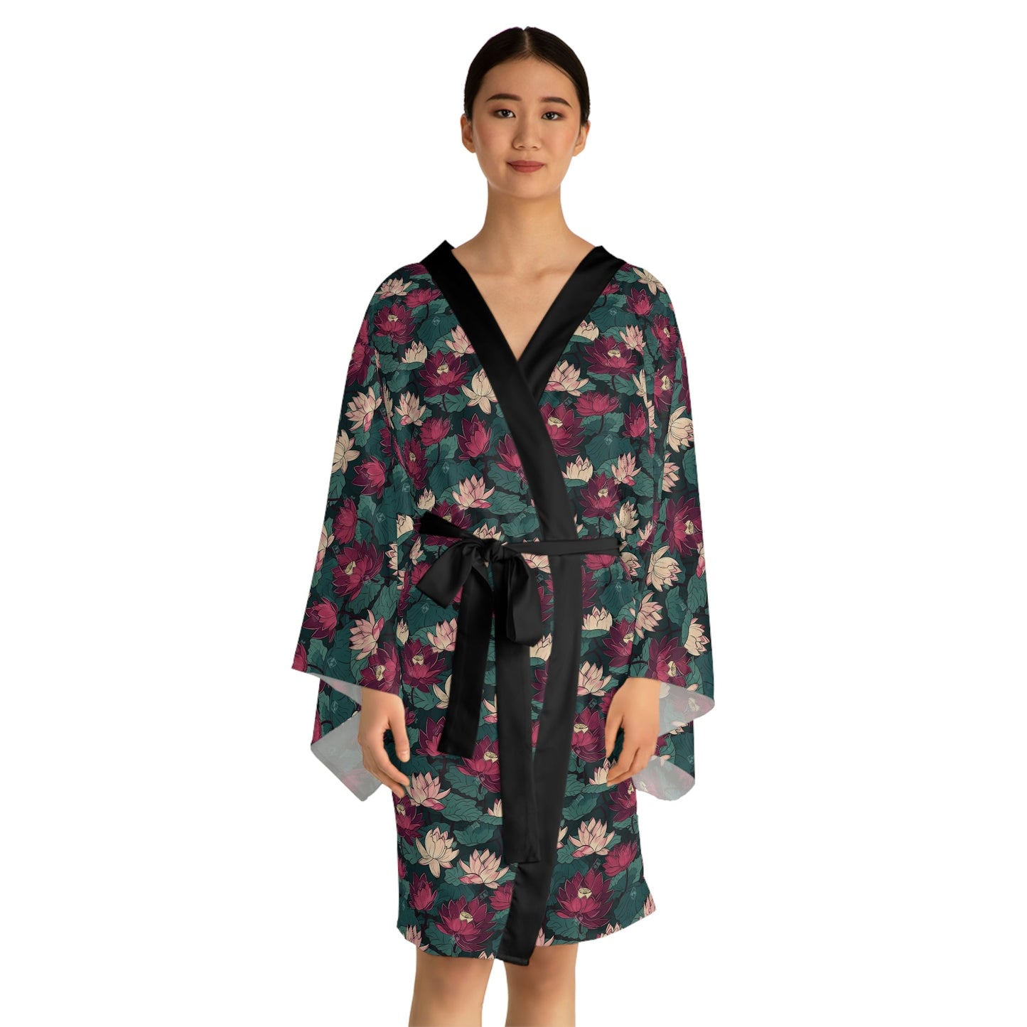 Lotus Flowers with Lily Pads Pattern Long Sleeve Kimono Robe