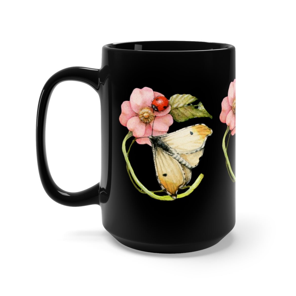 Lovely Striking Butterfly and Wild Rose Watercolor Black Mug 15oz