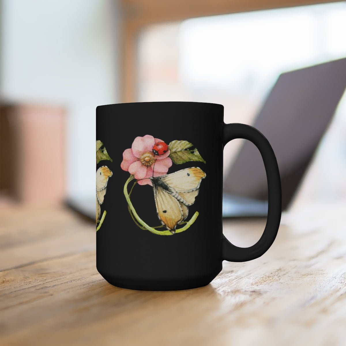 Lovely Striking Butterfly and Wild Rose Watercolor Black Mug 15oz