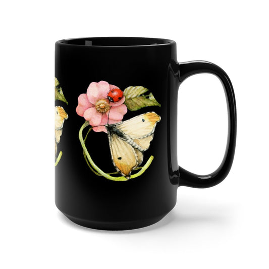 Lovely Striking Butterfly and Wild Rose Watercolor Black Mug 15oz